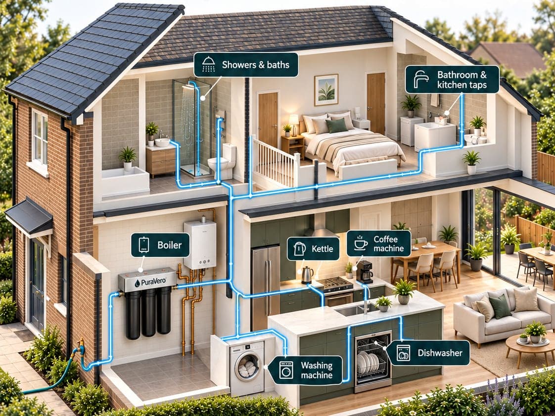 Cutaway of a home showing filtered water flowing from one PuraVero PureLine system to every shower, bath, tap, boiler and appliance